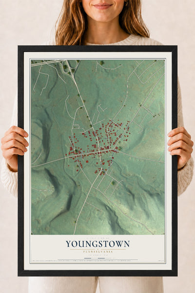 Map of Youngstown, Pennsylvania, 18 x 24 inch print in a black wood frame
