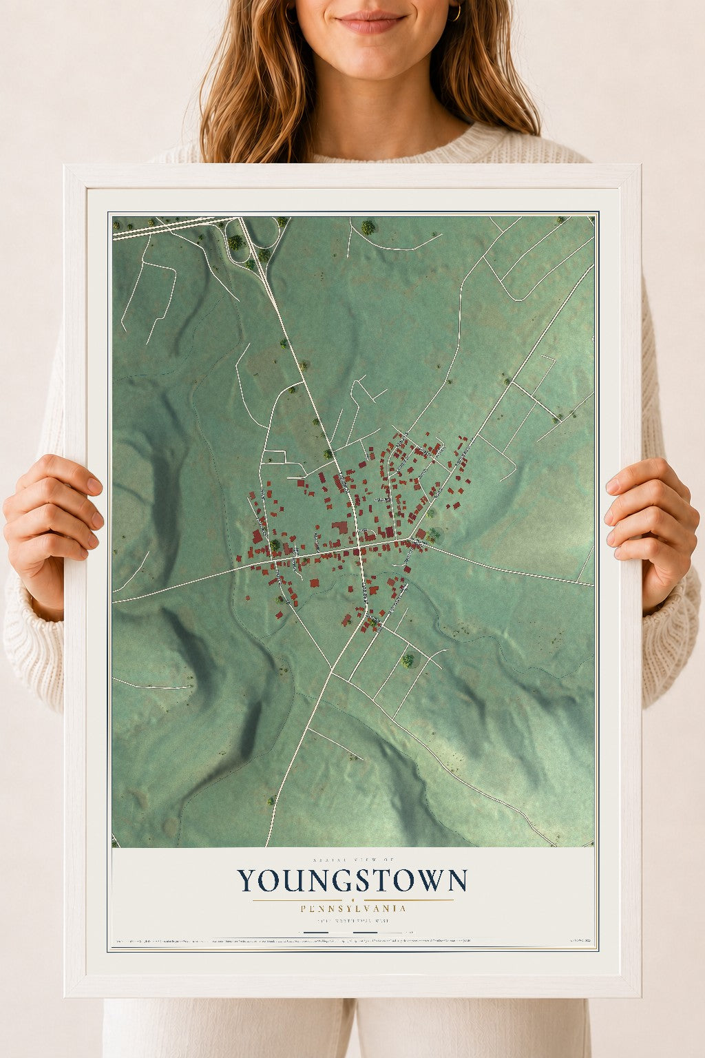 Map of Youngstown, Pennsylvania, 18 x 24 inch print in a white wood frame