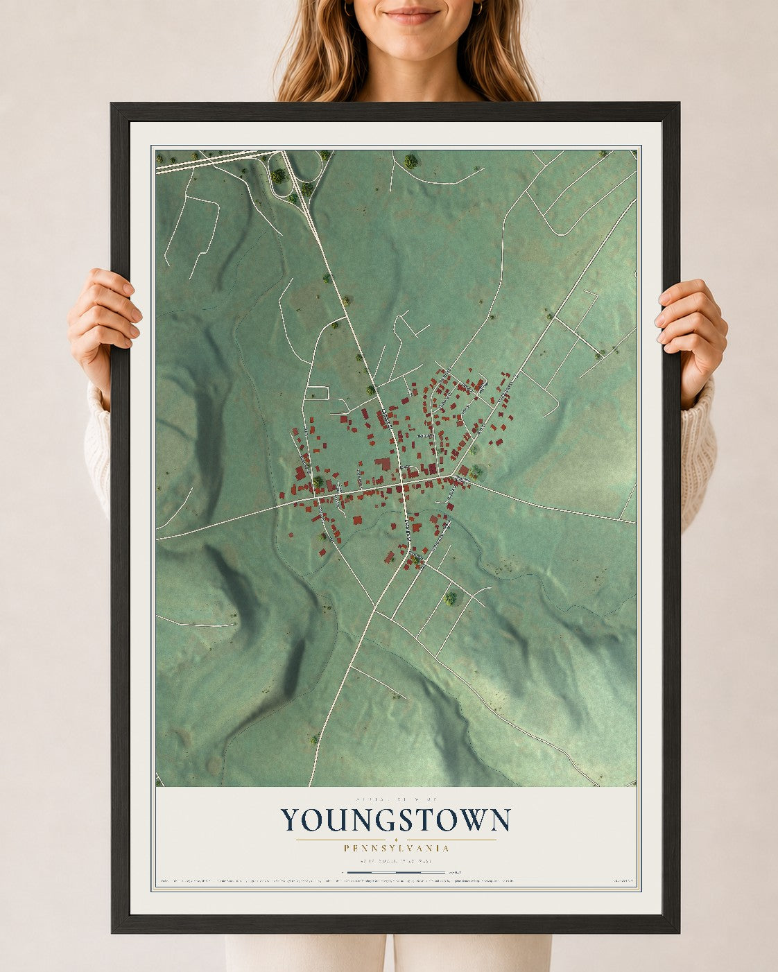 Map of Youngstown, Pennsylvania, 24 x 36 inch print in a black wood frame