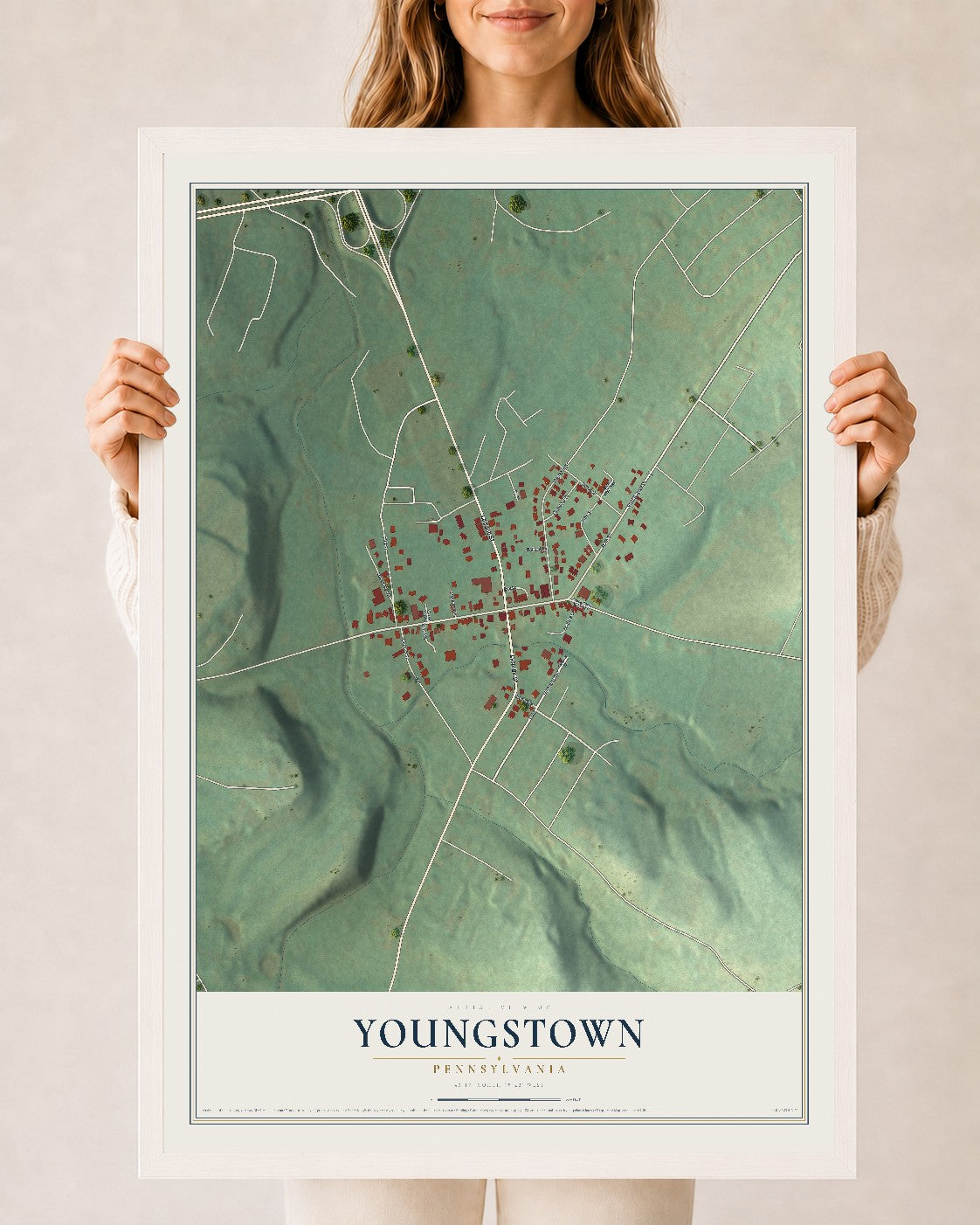 Map of Youngstown, Pennsylvania, 24 x 36 inch print in a white wood frame