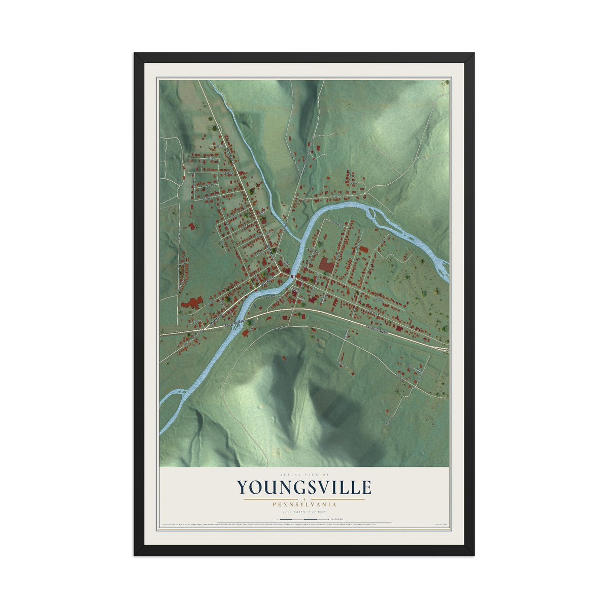 Map of Youngsville, Pennsylvania, 12 x 18 inch print in a black wood frame