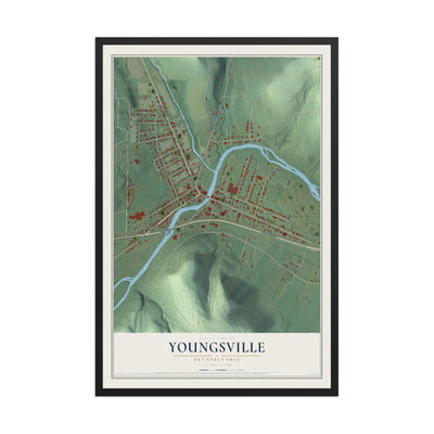 Map of Youngsville, Pennsylvania, 12 x 18 inch print in a black wood frame