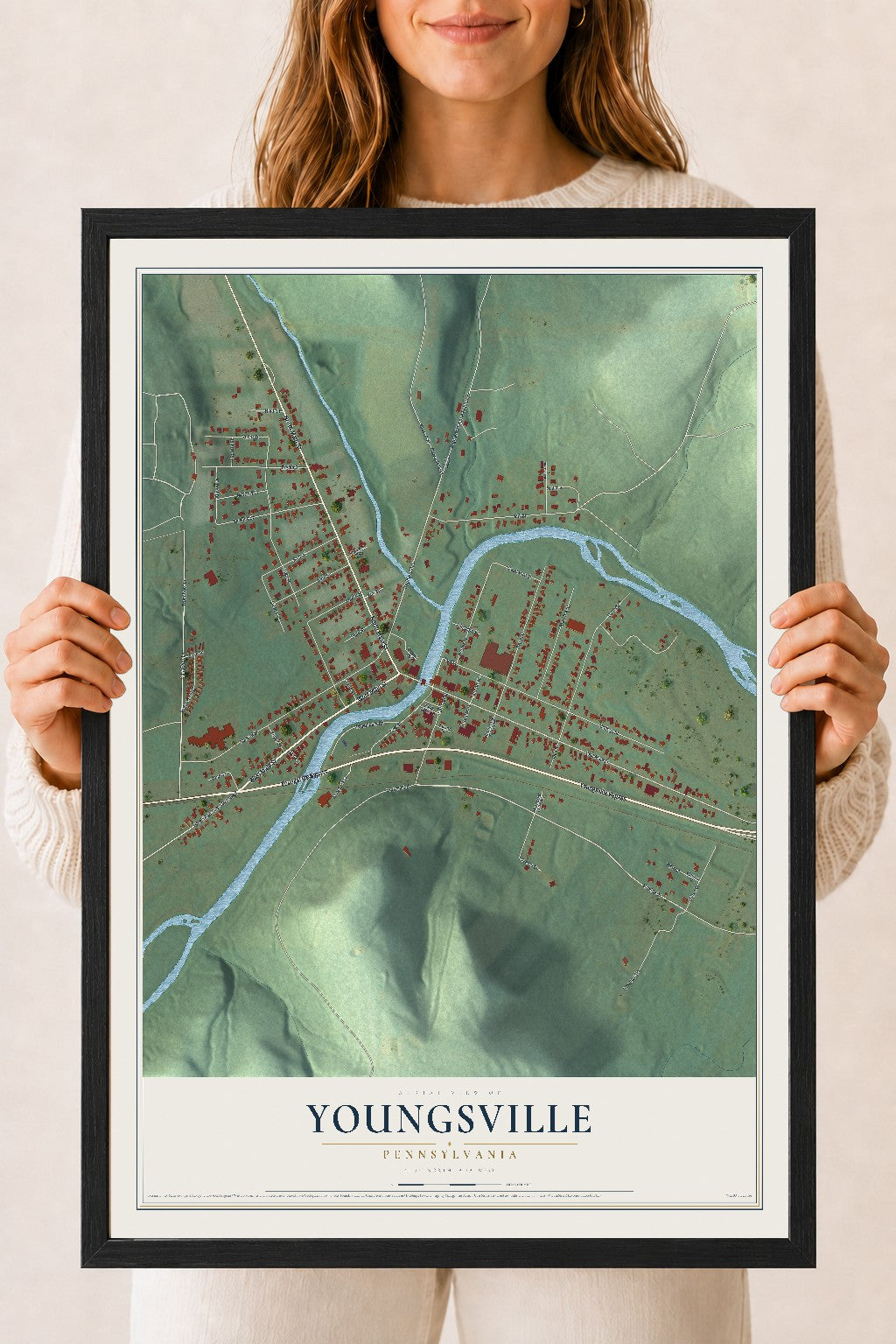 Map of Youngsville, Pennsylvania, 18 x 24 inch print in a black wood frame