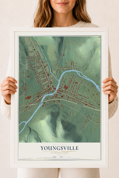 Map of Youngsville, Pennsylvania, 18 x 24 inch print in a white wood frame
