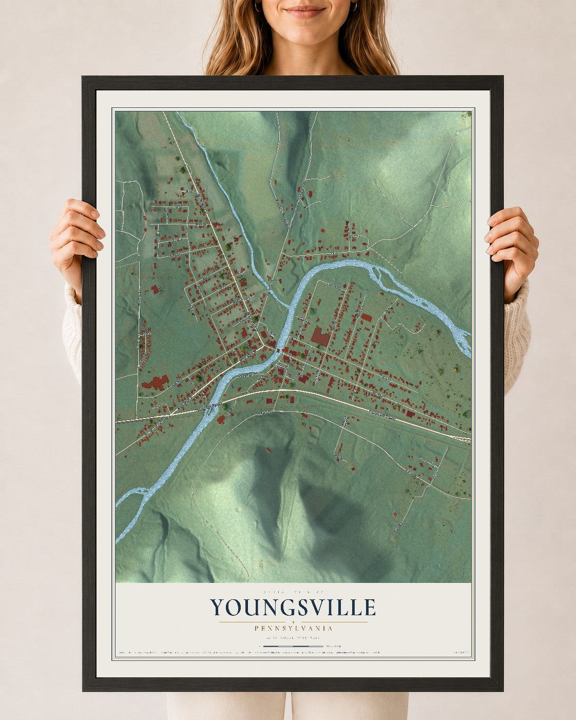 Map of Youngsville, Pennsylvania, 24 x 36 inch print in a black wood frame