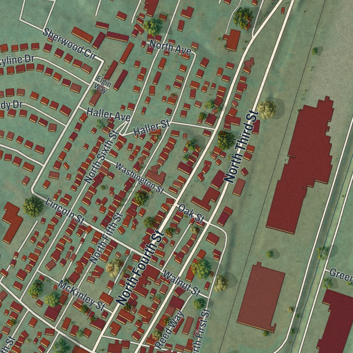 Second close-up of the map of Youngwood, Pennsylvania print showing more streets and buildings