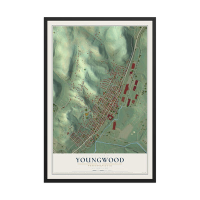 Map of Youngwood, Pennsylvania, 12 x 18 inch print in a black wood frame
