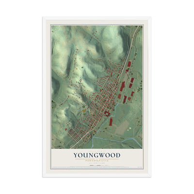 Map of Youngwood, Pennsylvania, 12 x 18 inch print in a white wood frame