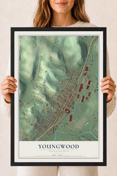 Map of Youngwood, Pennsylvania, 18 x 24 inch print in a black wood frame