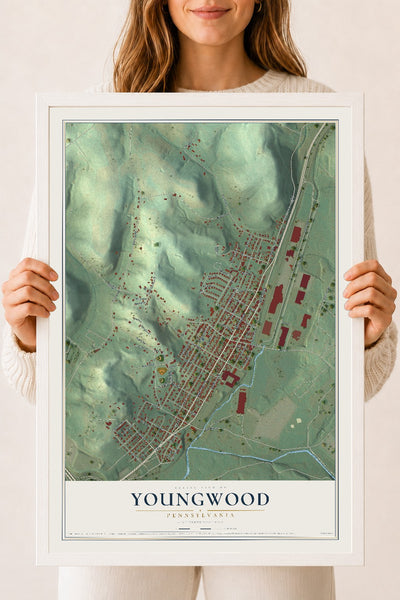 Map of Youngwood, Pennsylvania, 18 x 24 inch print in a white wood frame