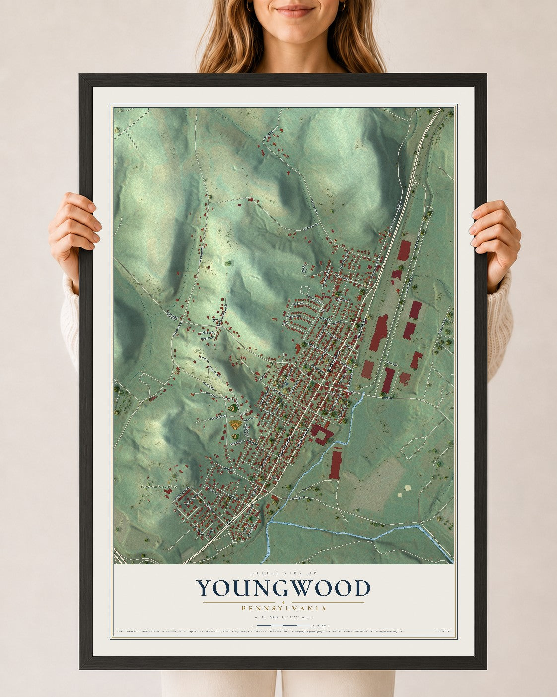 Map of Youngwood, Pennsylvania, 24 x 36 inch print in a black wood frame