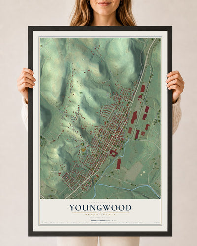 Map of Youngwood, Pennsylvania, 24 x 36 inch print in a black wood frame