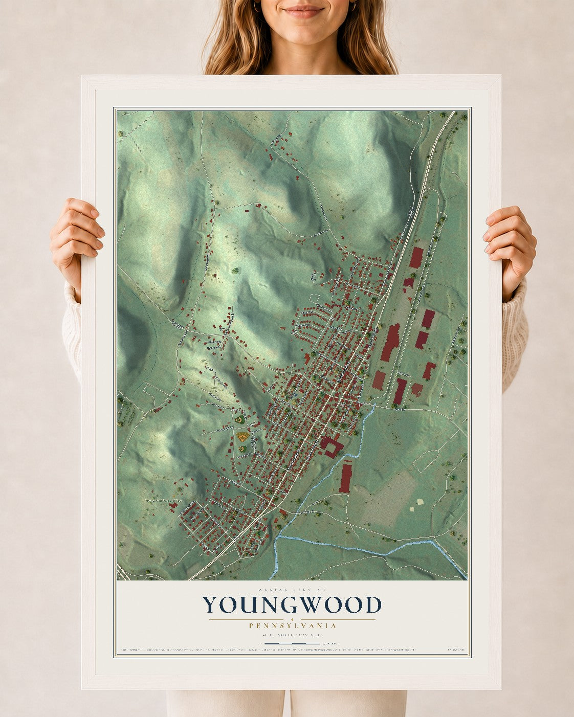 Map of Youngwood, Pennsylvania, 24 x 36 inch print in a white wood frame