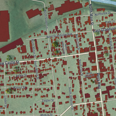 Close-up of the map of Zelienople, Pennsylvania print showing street and building detail
