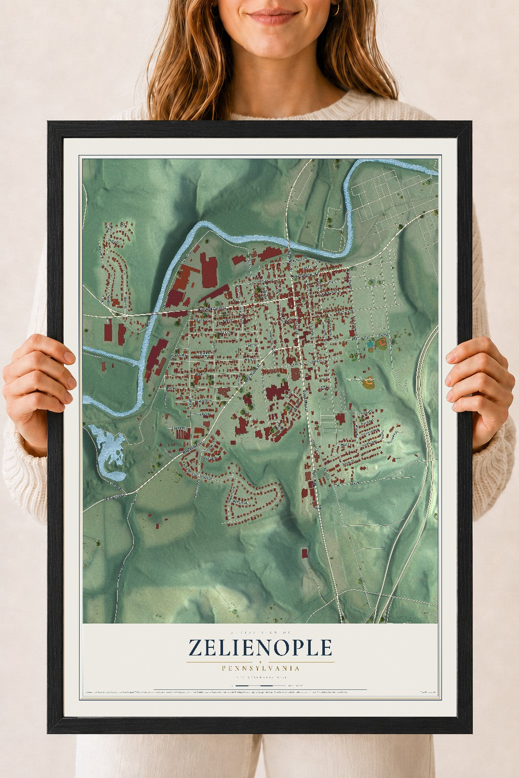 Map of Zelienople, Pennsylvania, 18 x 24 inch print in a black wood frame
