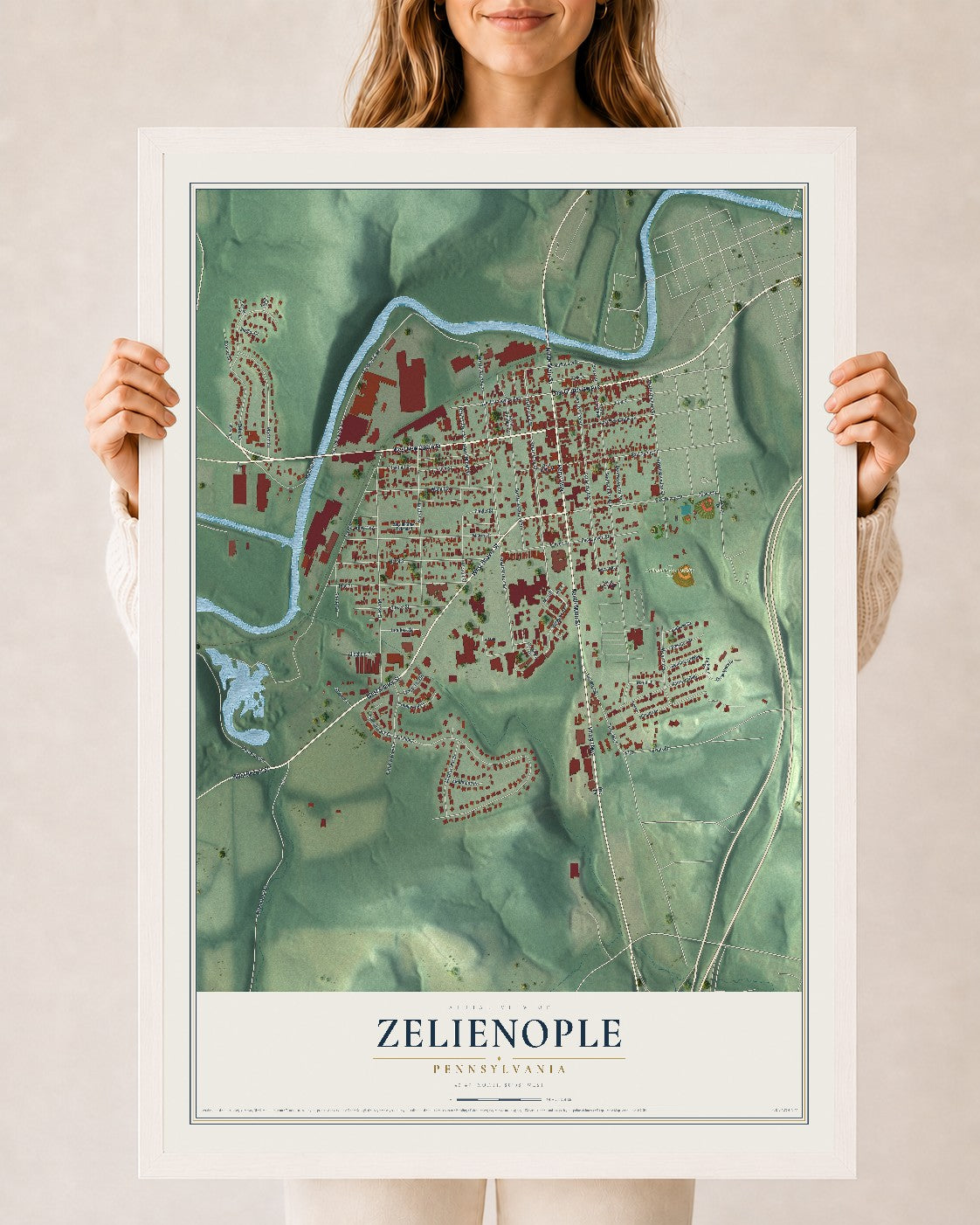 Map of Zelienople, Pennsylvania, 24 x 36 inch print in a white wood frame