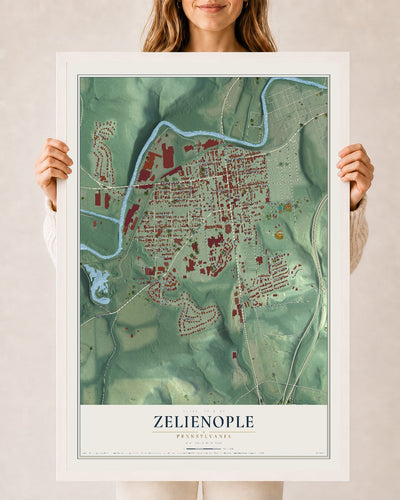 Map of Zelienople, Pennsylvania, 24 x 36 inch print in a white wood frame