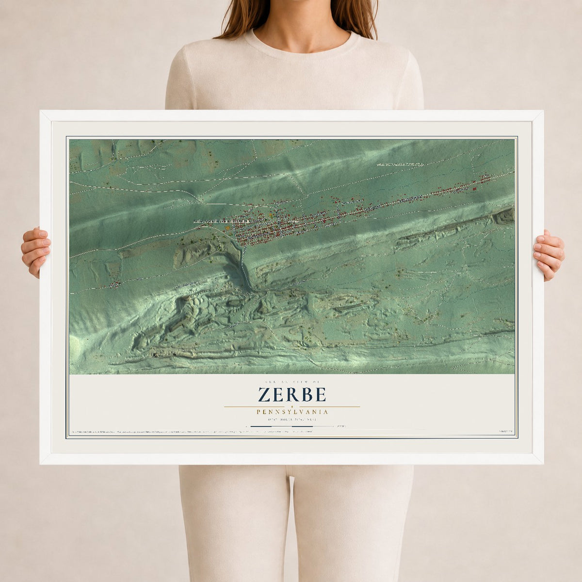 Map of Zerbe, Pennsylvania, 24 x 36 inch print in a white wood frame