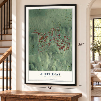 Aceitunas, Puerto Rico map, 24 x 36 inch print in a black frame by a staircase