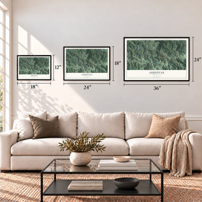 Adjuntas, Puerto Rico map in 12 x 18, 18 x 24 and 24 x 36 inch sizes above a sofa
