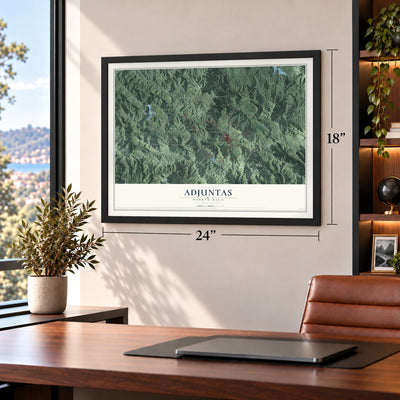 Adjuntas, Puerto Rico map, 18 x 24 inch print in a black frame in a home office