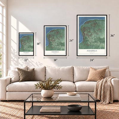 Aguadilla, Puerto Rico map in 12 x 18, 18 x 24 and 24 x 36 inch sizes above a sofa