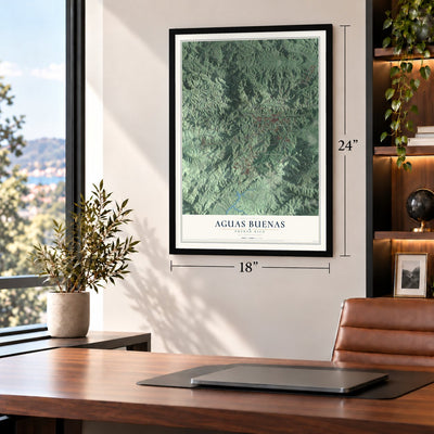 Aguas Buenas, Puerto Rico map, 18 x 24 inch print in a black frame in a home office