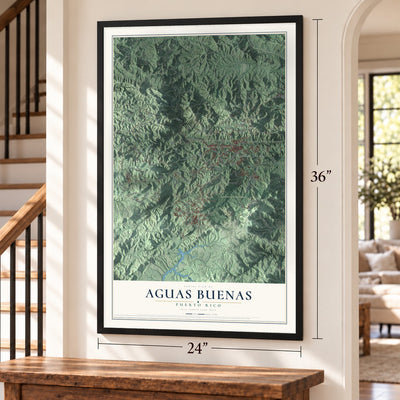 Aguas Buenas, Puerto Rico map, 24 x 36 inch print in a black frame by a staircase