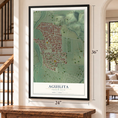 Aguilita, Puerto Rico map, 24 x 36 inch print in a black frame by a staircase