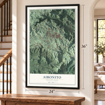 Aibonito, Puerto Rico map, 24 x 36 inch print in a black frame by a staircase