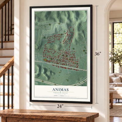 Animas, Puerto Rico map, 24 x 36 inch print in a black frame by a staircase