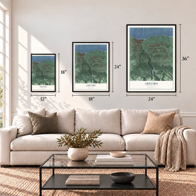 Arecibo, Puerto Rico map in 12 x 18, 18 x 24 and 24 x 36 inch sizes above a sofa