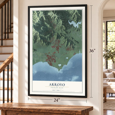 Arroyo, Puerto Rico map, 24 x 36 inch print in a black frame by a staircase