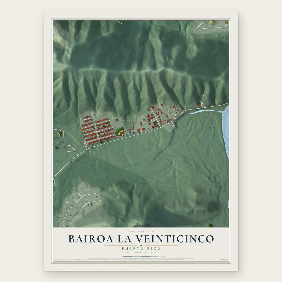 Bairoa La Veinticinco, Puerto Rico map print, the full design