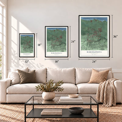 Barceloneta, Puerto Rico map in 12 x 18, 18 x 24 and 24 x 36 inch sizes above a sofa