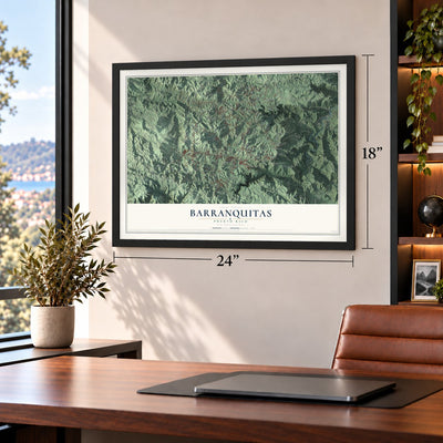 Barranquitas, Puerto Rico map, 18 x 24 inch print in a black frame in a home office