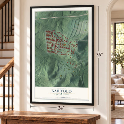 Bartolo, Puerto Rico map, 24 x 36 inch print in a black frame by a staircase