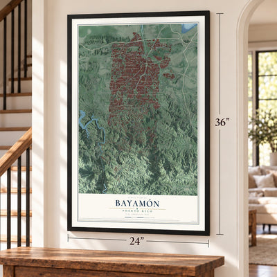 Bayamón, Puerto Rico map, 24 x 36 inch print in a black frame by a staircase