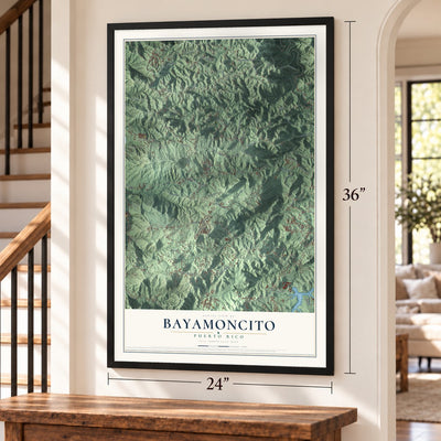 Bayamoncito, Puerto Rico map, 24 x 36 inch print in a black frame by a staircase