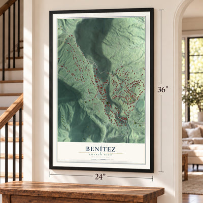 Benítez, Puerto Rico map, 24 x 36 inch print in a black frame by a staircase