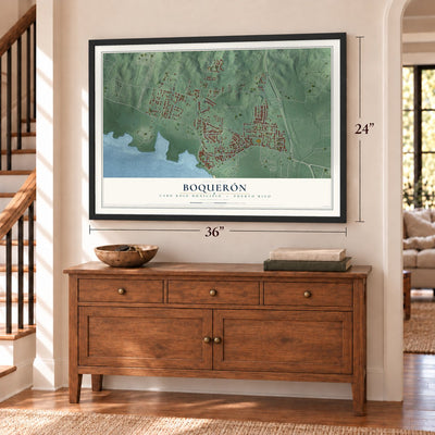 Boquerón, Cabo Rojo Municipio, Puerto Rico map, 24 x 36 inch print in a black frame above a dresser by a staircase
