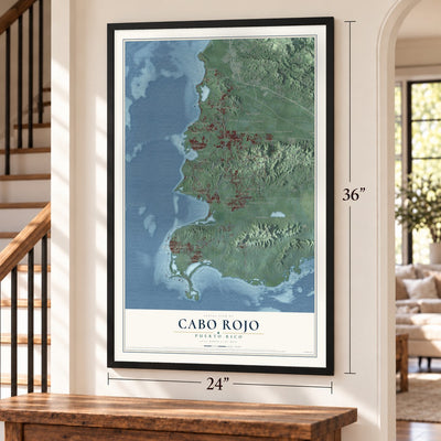 Cabo Rojo, Puerto Rico map, 24 x 36 inch print in a black frame by a staircase