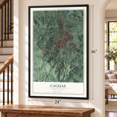 Caguas, Puerto Rico map, 24 x 36 inch print in a black frame by a staircase