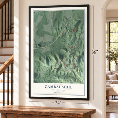 Cambalache, Puerto Rico map, 24 x 36 inch print in a black frame by a staircase