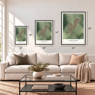 Capitanejo, Puerto Rico map in 12 x 18, 18 x 24 and 24 x 36 inch sizes above a sofa