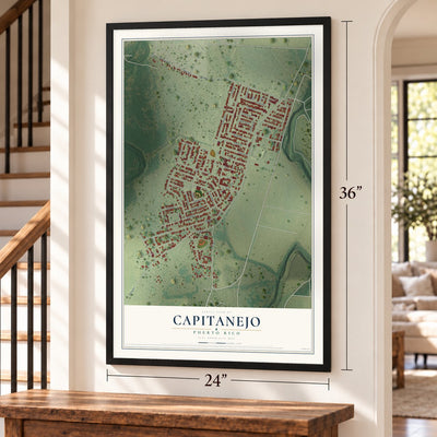Capitanejo, Puerto Rico map, 24 x 36 inch print in a black frame by a staircase
