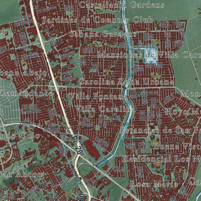 Close-up of the map of Carolina, Puerto Rico print showing street and building detail