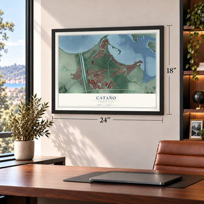 Cataño, Puerto Rico map, 18 x 24 inch print in a black frame in a home office