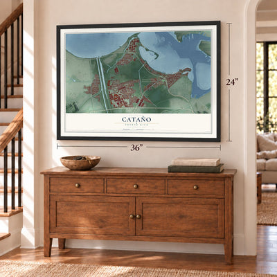 Cataño, Puerto Rico map, 24 x 36 inch print in a black frame above a dresser by a staircase