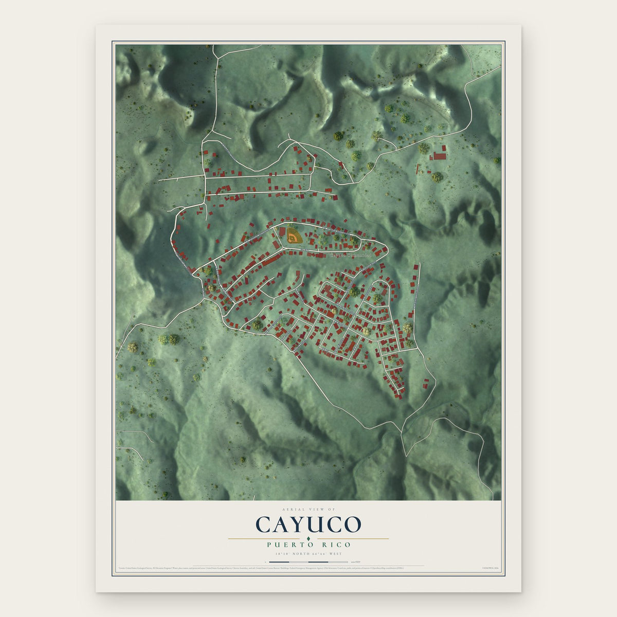 Cayuco, Puerto Rico map print, the full design